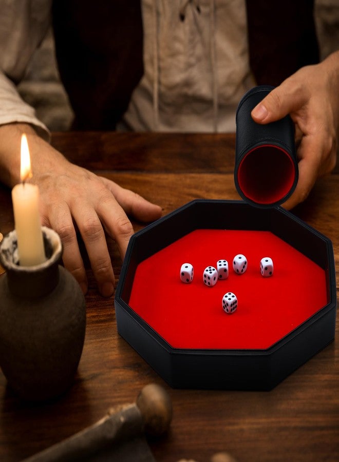 MiniInflat 8 Pcs Dice Tray Game Set Includes 1 Red Velvet PU Leather Octagon Dice Roll Tray, Felt Lined PU Leather Dice Cup with 6 Dot Dices for Bar Party Dice Games - Image 3